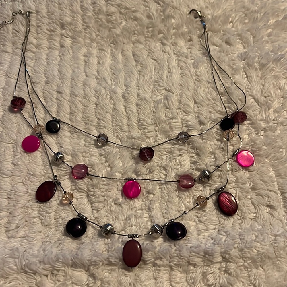 Glass bead silver triple strand necklace